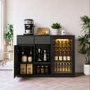 51' Fluted Bar Cabinet with Fridge Space (Fridge Not Included), Modern Coffee Station with Charging Hub & Wine Glass Rack, Black Buffet Sideboard for Home Beverage & Liquor Storage.
