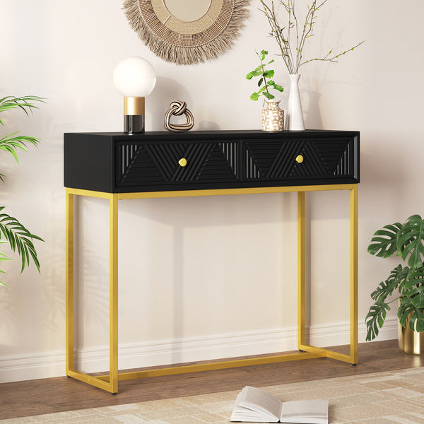 TREXM Console Table Entryway Table, Modern Sleek Console Table with Storage, Narrow Console Table with Two Drawers with Stripe Design for Living Room Hallway Entryway, Black