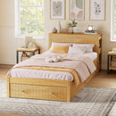 Twin Modern Platform Bed with Integrated Desk and Storage, Wood Bed Frame with wide Headboard, Footboard Drawers & Side Shelves, Multifunctional Space Saving Bedroom Furniture for Teen, Kids, Natural
