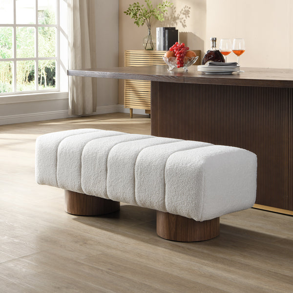 Upholstered Dining Bench for Dining Room, No-Assembly End of Bed Entryway Bench Ottoman for Bedroom Living Room, White Boucle Fabric Stool Top Wood Leg 300 LBS Weight Capacity