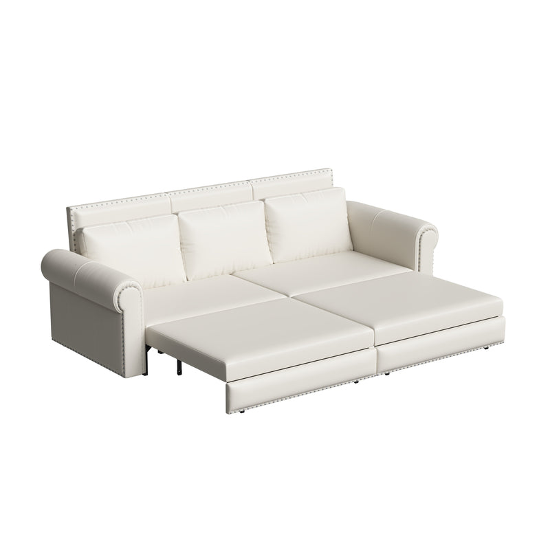 93.7 ' Pull Out Sofa Bed, 3-in-1 Cream White Faux Leather Convertible Sleeper Sofa with Nailhead Trim & Rolled Arm,Multi-Functional Sofa Bed for Living Room,Bedroom,Apartment,Office