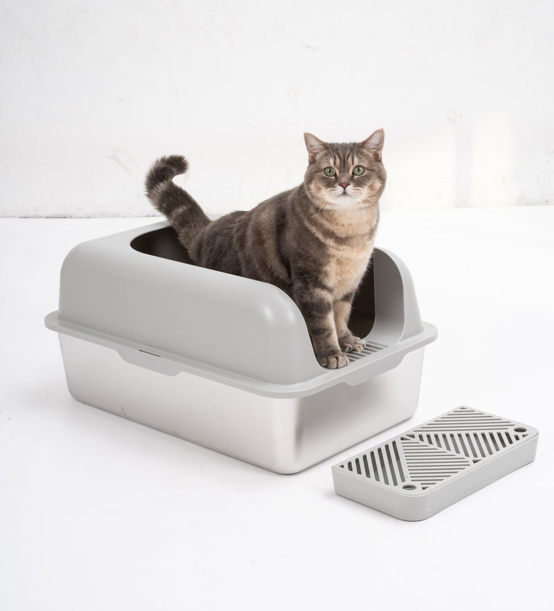 Enclosed Stainless Steel Cat Litter Box with Lid Extra Large, Litter Box for Big Cats XL Metal Litter Pan Tray with High Wall Sides Enclosure, Non-Sticky, Anti-Leakage, Easy Clean