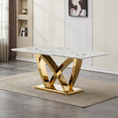 Marble Dining Table for 6 People, 70'' Rectangle Faux Marble Dining Table with Mirrored Finish Stainless Steel Base, Modern Large Size Marble Kitchen Table (Gold,White)(only table)