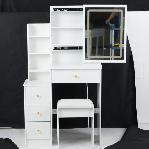 29.2' Small Size Left Bedside Cabinet Vanity Table + Cushioned Stool, Large Sliding, Touch Control, Tri-color Switching, Brightness Adjust LED Mirror, High Capacity Storage, Suitable for Small Space