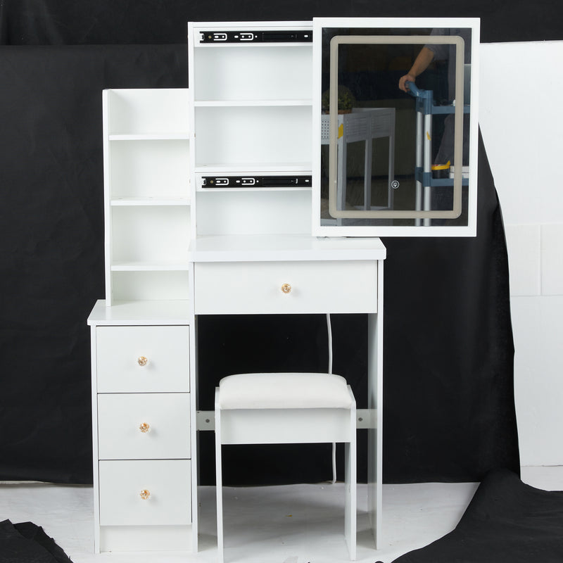 29.2' Small Size Left Bedside Cabinet Vanity Table + Cushioned Stool, Large Sliding, Touch Control, Tri-color Switching, Brightness Adjust LED Mirror, High Capacity Storage, Suitable for Small Space