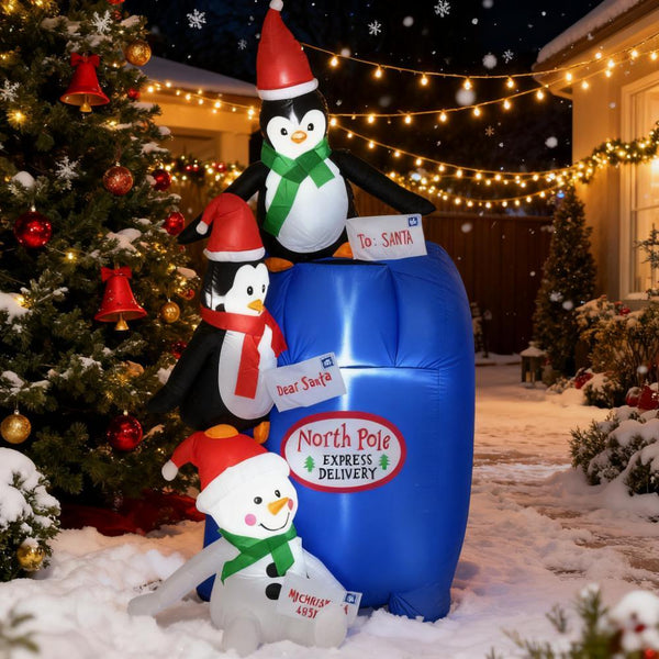 North Pole Mailbox with Penguins and Snowman,Christmas Inflatables Outdoor Decorations,Blow-Up Yard Christmas Decor with LED Lights Display