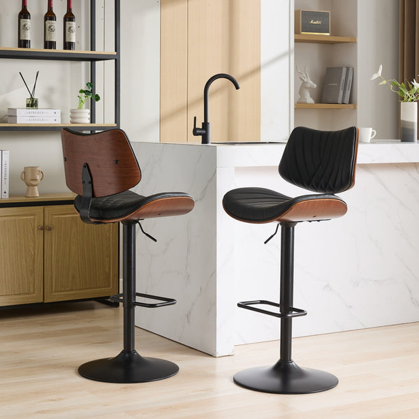 Walnut Bentwood Bar Stools Mid Century Modern Adjustable Counter Height Black Leather Upholstered 360°Swivel Bar Chairs for Kitchen Island/Dining Room/Cafe,Beige,Set of 2