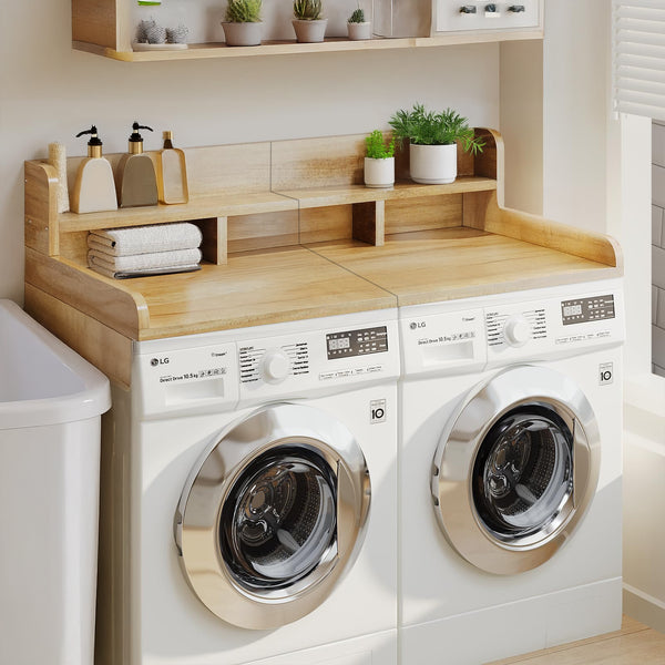 Washer Dryer Countertop with Non-slip Pads, Laundry Wood Shelf Topper with Edge, 54' Width x 27.5' Depth Double Layer Organizer for Washer and Dryer Laundry Hamper Counter Storage (NW) BIG DEAL DAYS