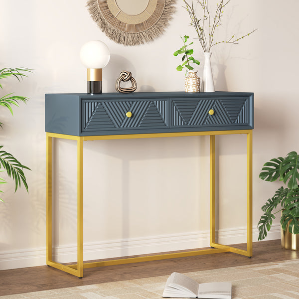TREXM Console Table Entryway Table, Modern Sleek Console Table with Storage, Narrow Console Table with Two Drawers with Stripe Design for Living Room Hallway Entryway, Grey