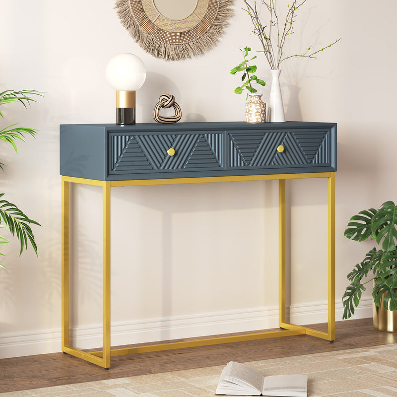 TREXM Console Table Entryway Table, Modern Sleek Console Table with Storage, Narrow Console Table with Two Drawers with Stripe Design for Living Room Hallway Entryway, Grey