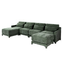 Elegant Four-Seater Sofa with Movable Ottoman, Lumbar Pillow, Green Chenille Fabric, Solid Wood Frame
