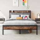 Full Size Bed Frame, Storage Headboard with Charging Station, Solid and Stable, No Box Spring Needed, Easy Assembly,Vintage Brown and Gray