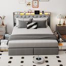 Grey Full Size Bed Frame with RGB LED Lights & Charging Station, Upholstered Platform Bed with Storage Headboard and 4 Underbed Drawers, Metal Frame, Noise-Free, No Box Spring Needed