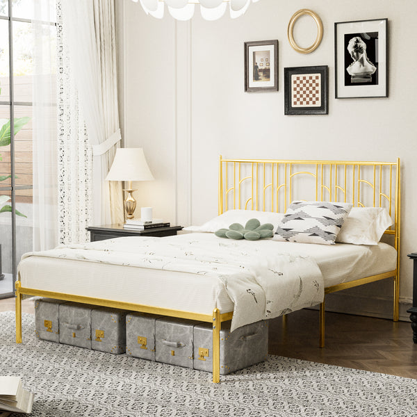 Queen Size Metal Steel Platform Bed Frame Classic Iron-Art Headboard Simple Classic for Home Hotel School Bedroom Furniture