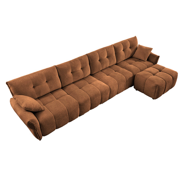 Modular 4-Seater Sofa With Ottoman, Configurable, Solid Wood Frame in Premium Chenille, High-Resilience Cushions, Burnt Orange
