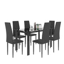 Modern 7-Piece Dining Table Set with Glass Top and PU Leather Chairs in Black