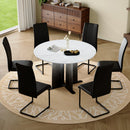 Modern 7-Piece Round Dining Table Set with 6 Chairs, White Faux Marble MDF Tabletop, Black-White Gradient Metal Base, Black PU Upholstered Dining Chairs for Kitchen & Dining Room