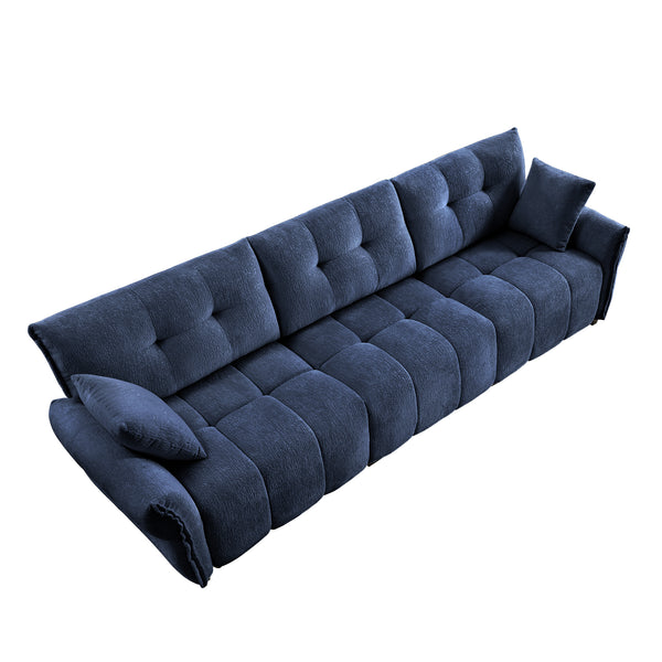 Modern 3-Seater Sofa Set with 2 Ottomans and Pillows, Solid Wood Frame, Textured Chenille Cover in Blue