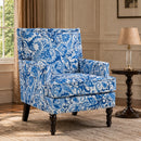 Upholstered Accent Chair, Vintage Armchair with Blue and white porcelain print Linen Fabric and Nailhead Trim for Living Room