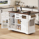 K&K 54.9' Kitchen Island with Drop Leaf, Power Outlet, Kitchen Storage Cart with 4 Door Shelves, Cross Barn Doors & Visual Glass Door, Rolling Kitchen Island on 4 Wheels for Kitchen, Dining Room,White