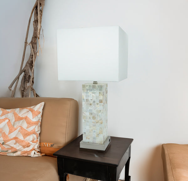 Modern White Chrome-finished Base Mosaic Pattern 2pc Table Lamp Soft Diffused Light White Shade