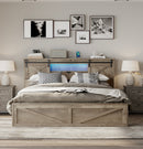 Farmhouse Bed Frame King Size with LED Lights and Charging Station, Wooden KING Bed with 2 Storage Drawers, Rustic Headboard with Sliding Barn Door Storage Cabinets