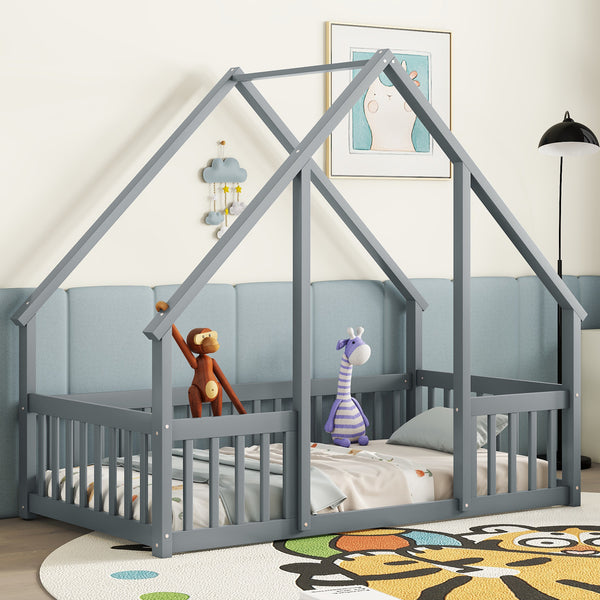Twin Wood House-Shaped Floor Bed with Fence, Guardrails ,Grey