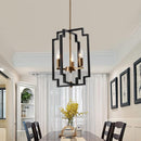 Small Farmhouse Chandelier Dining Room Geometric Hanging Light Fixture French Country Square Ceiling Pendant Lighting for Kitchen Entryway Stairwell, Wood Grain & Black