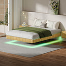Oak Queen Floating Bed Frame with LED Lights, Wave Curve Wood Texture Bed with Heavy Duty Metal Slats - No Box Spring Needed.