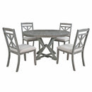 TREXM Retro Functional Extendable Round Dining Table Set with 4 Upholstered Chairs in Grey, Solid Rubberwood Frame and Linen Cushions