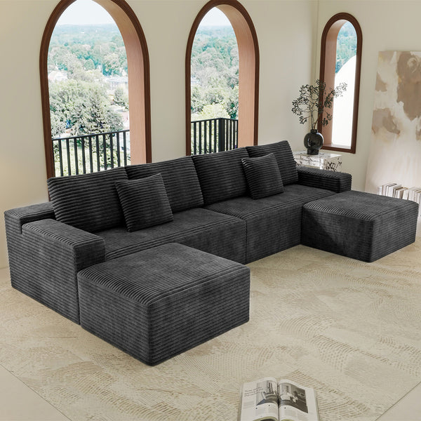 137.8*70.9'Modular sectional sofa seat,Upholstered compressed couch for living room,Bedroom,Apartment,No assembly required,4 PC free combination,Plush corduroy fabric,GREY