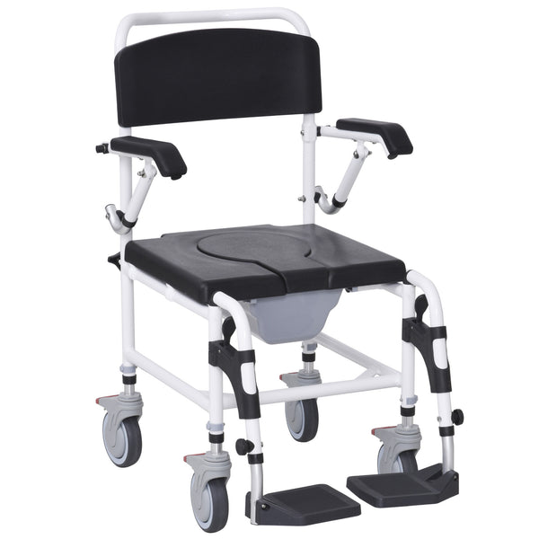 Accessibility Commode Wheelchair, Rolling Shower Wheelchair with 4 Castor Wheels, Rectangle Detachable Bucket, & Waterproof Design, 17' Seat Width, Black