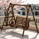 2-Seat Porch Swing with A-Frame Stand, Wooden Log Patio Swing Chair Bench with Wagon Wheel Armrests
