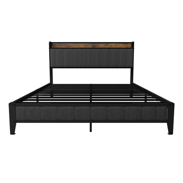 Queen Size Bed Frame with Charging Station, Upholstered Headboard, Metal Platform, Grey