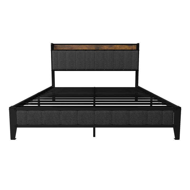 Queen Size Bed Frame with Charging Station, Upholstered Headboard, Metal Platform, Grey