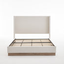 Hosford Minimalist Upholstered Wingback Bed with Wood Base Platform - Textured Ivory Canvas, Light Grey Camel Oak, California King, No Box Spring Needed