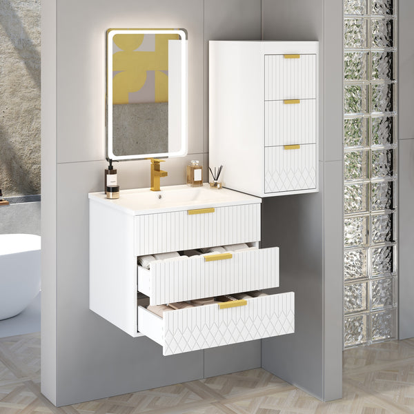 24inch Wall Mounted Floating Cabinet w/Side Cabinet Combo, Rectangular Vanity, Small Bathroom Sink With Single Faucet Hole and Overflow, Modern Bathroom Cabinet with Ceramic Basin Sink