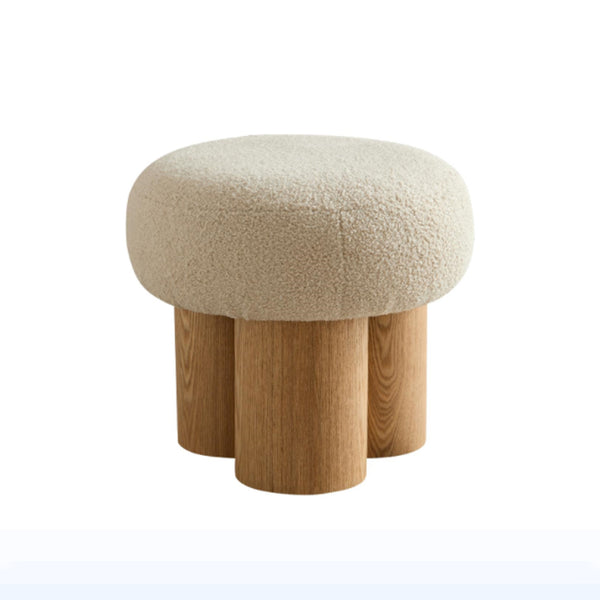 Mushroom Stool with Greige Plush Cushion, Wooden Barrel PVC Pipe, Walnut Finish