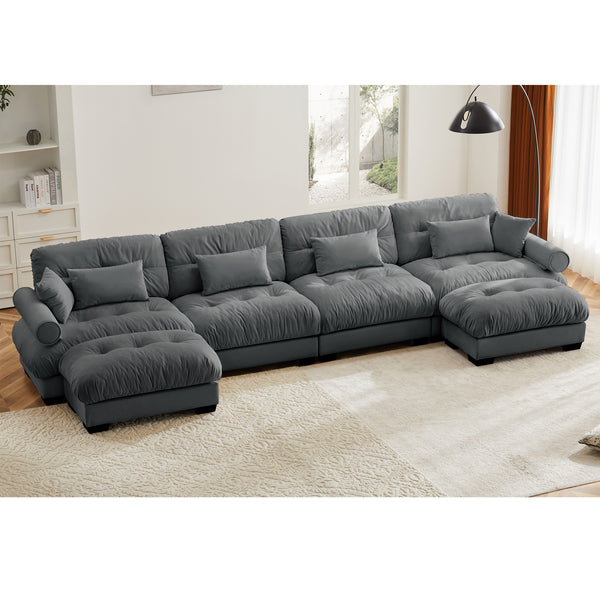U Shaped Sectional Sofa Cloud Couch with Movable Ottomans,Convertible Deep 4 Seater Modern Velvet Comfy Upholstered Corner Couch with Blostered Armrests, Waist Pillow and Throw Pillows,Grey