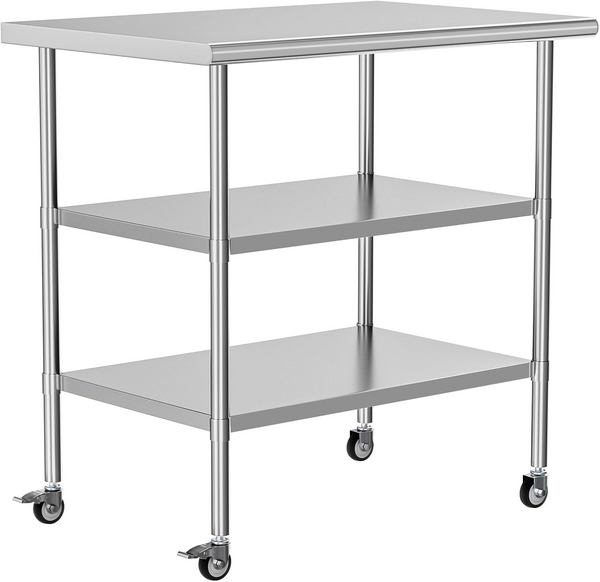 Stainless Steel Table with Wheel Caster 24 x 36 Inches Metal Food Prep Work Table with 2 Adjustable Undershelves for Commercial Kitchen, Outdoor, Restaurant