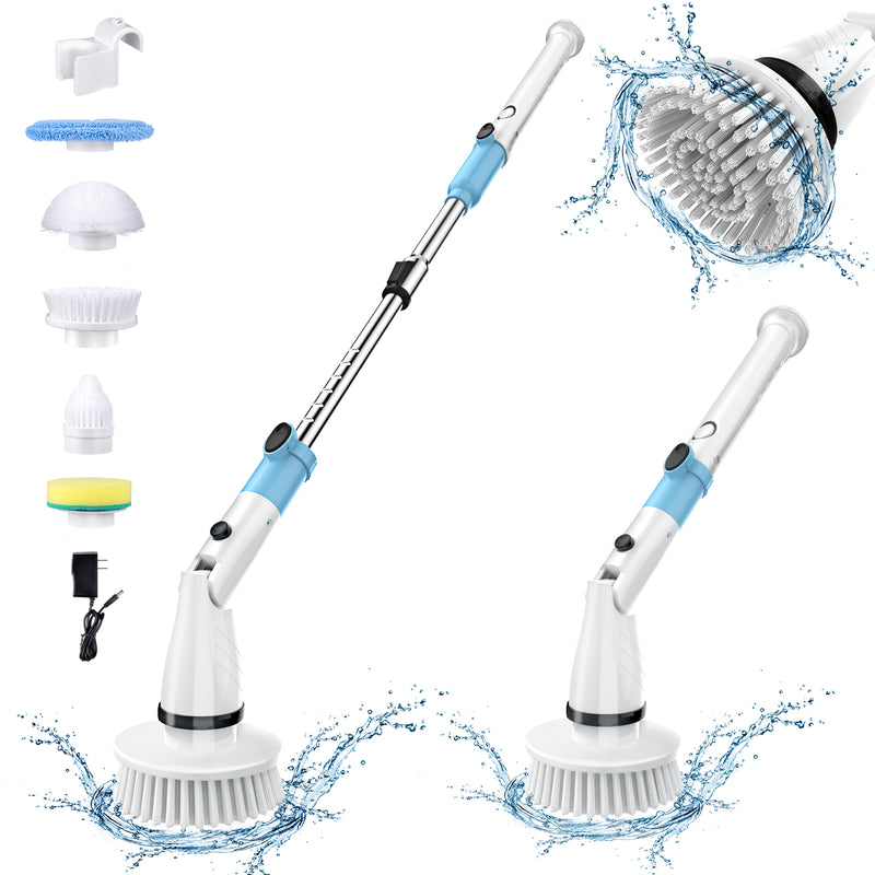 TASVAC EB5 Blue-white Electric Spin Scrubber, Cordless Cleaning Brush with 5 Replaceable Heads, 450 RPM, Adjustable Telescopic Handle, 90min Runtime