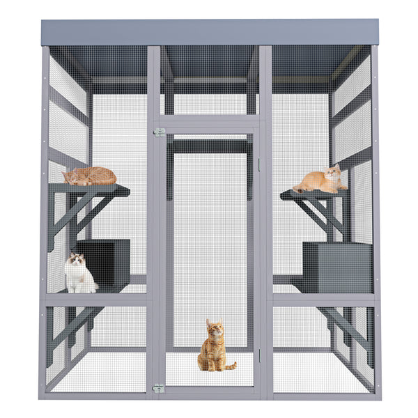 62.6' Wooden Outdoor Catio for Cats, Large Cat Enclosure with Waterproof Roof, 2 Napping House, Platforms & Rust-Proof Wire – Secure Pet Cage for Backyard or Patio