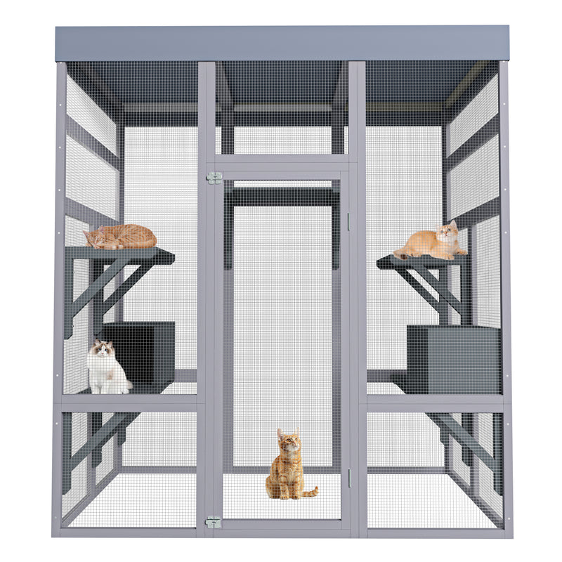 62.6' Wooden Outdoor Catio for Cats, Large Cat Enclosure with Waterproof Roof, 2 Napping House, Platforms & Rust-Proof Wire – Secure Pet Cage for Backyard or Patio