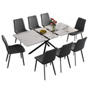 Modern 59-inch Expandable Dining Table with Retractable Leaf, Charred Stone Top & Black Carbon Steel X-Base, 4-8 Person Set with 8 Gray PU Chairs for Small Apartments, Kitchen