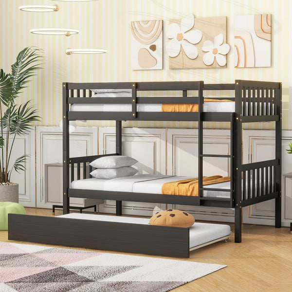 Twin Over Twin Rubber Wood Bunk Bed with Trundle, Convertible into Twin Size Beds, Twin Size Bunk Bed with Ladder and Safety Guardrails,Espresso