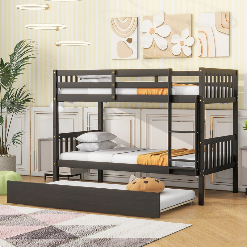 Twin Over Twin Rubber Wood Bunk Bed with Trundle, Convertible into Twin Size Beds, Twin Size Bunk Bed with Ladder and Safety Guardrails,Espresso