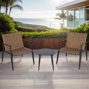 Modern Outdoor Chat Set: 2 PE Rattan Chairs + Black Steel & Tempered Glass Side Table – Durable & Stylish