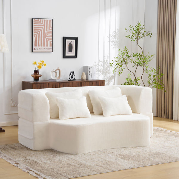 Queen Size Modern White Floor Sofa with 4 Pillows, Plush Fabric Futon Sofa Couch, High-Density Foam Folding Mattress for Living Room,Guest, Bedroom,No Assembly Required