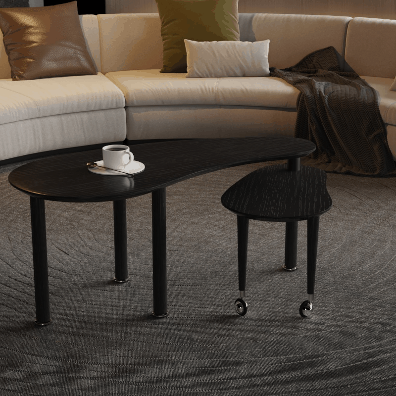 Contemporary rotatable cocktail table with solid rubber wood legs, 360 degree rotating coffee table with wood grain veneer tabletop black / walnut / grey brown finish for living room, bedroom