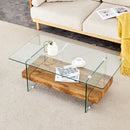 43.3 Inch Modern Two-Tier Coffee Table - An Elegant Combination of Clear Glass and Light Wood Texture Sticker.It can be used not only as a coffee table but also as a side table or display stand.